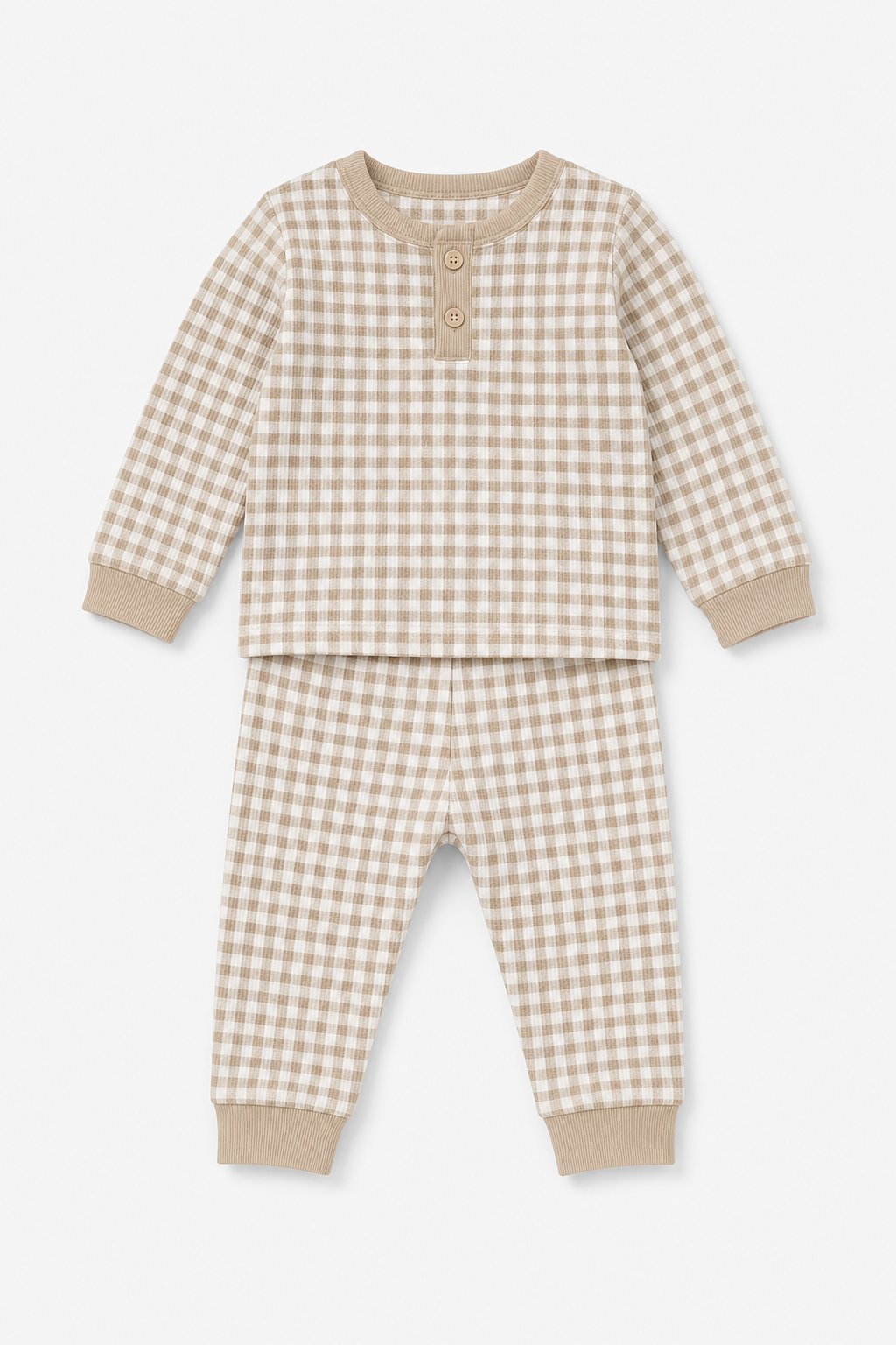 Soft Taupe Gingham Check 2-Piece Snug-Fit Pajamas