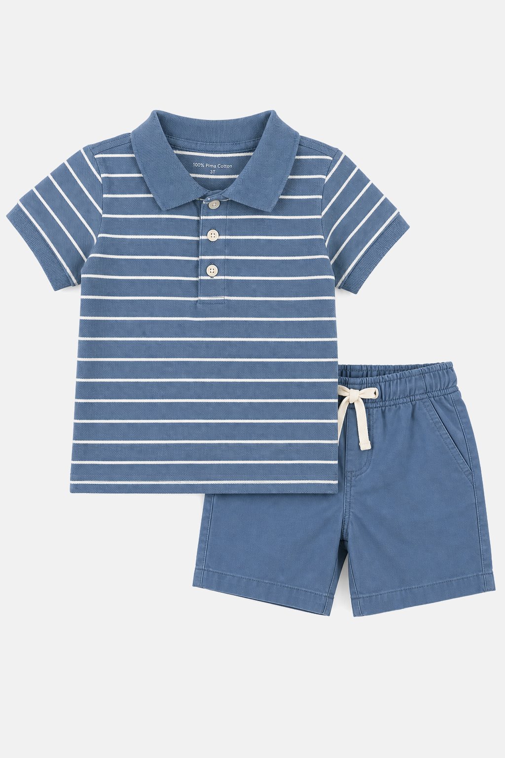 Steel Blue Striped Polo & Shorts Set